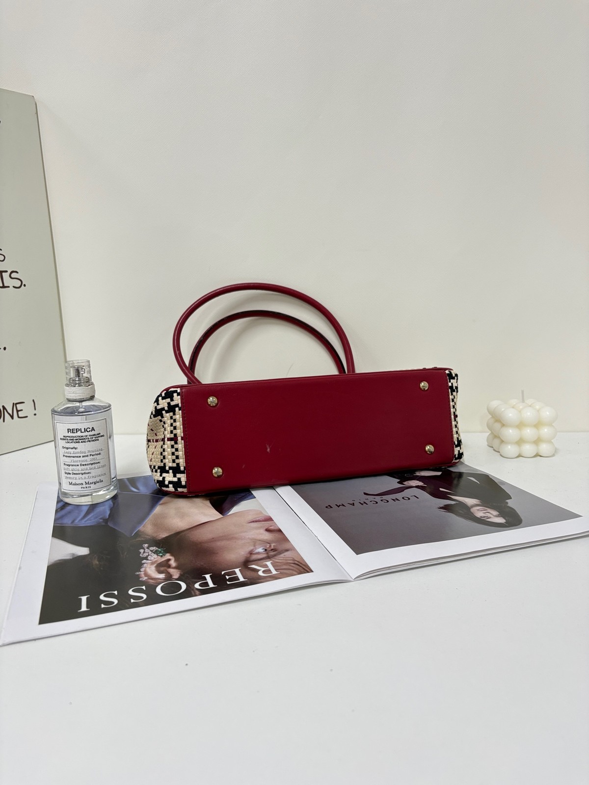 Burberry Horseferry Check Normal Size Beige&Wine Red Woven Leather 2Way Bag Duty