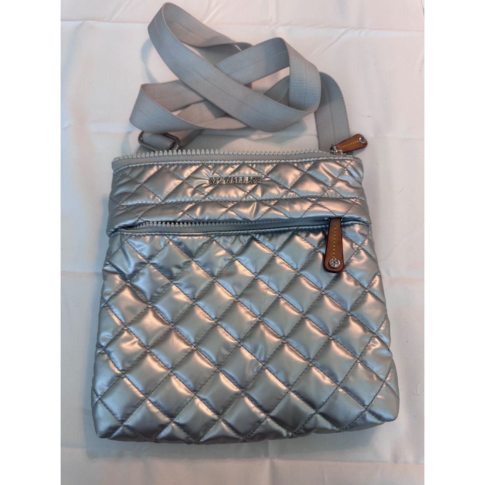 MZ Wallace Madison Crossbody Bag Silver Metallic Quilted Nylon Small Messenger
