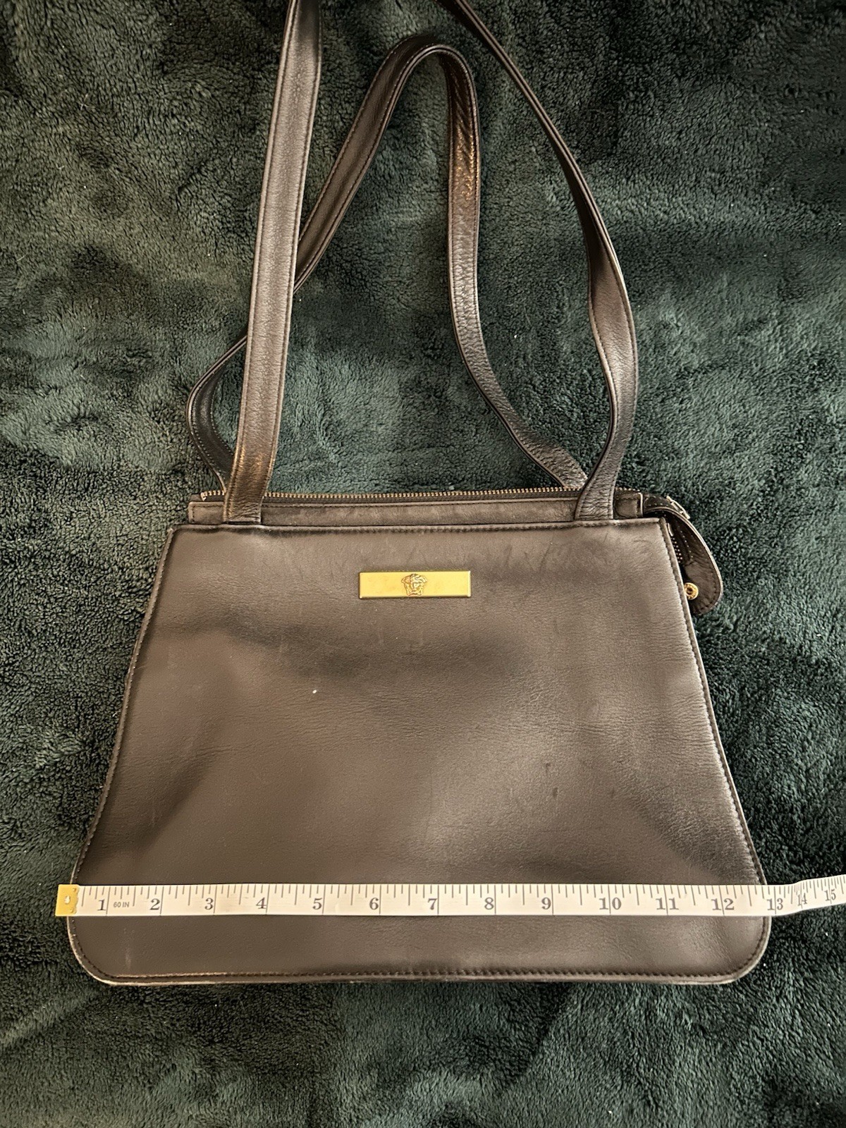 Vintage Gianni Versace Black Leather Shoulder Bag Gold Medusa Plate- PREOWNED
