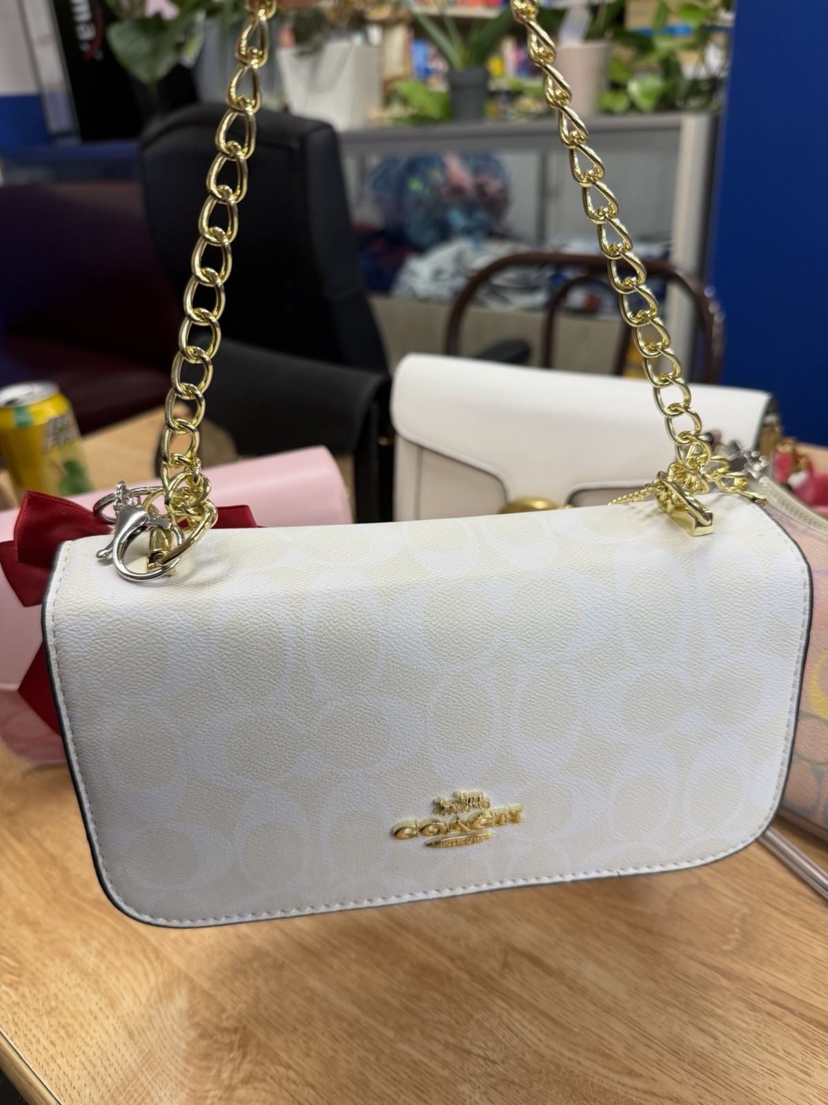 Coach White Signature Logo Small Shoulder Bag Gold Chain Strap Zip Closure