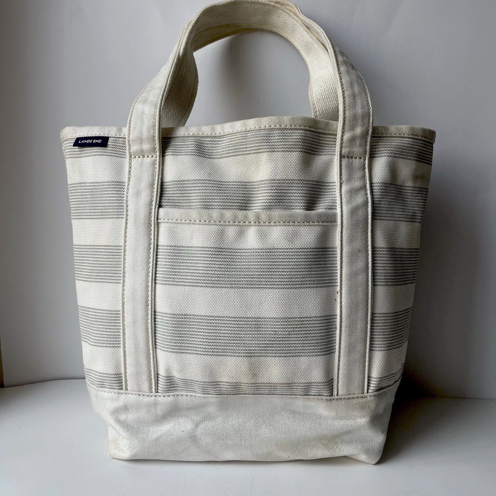 Lands End Tote Bag 5 Pocket Med White Glitter Gray Striped Long Handles Canvas