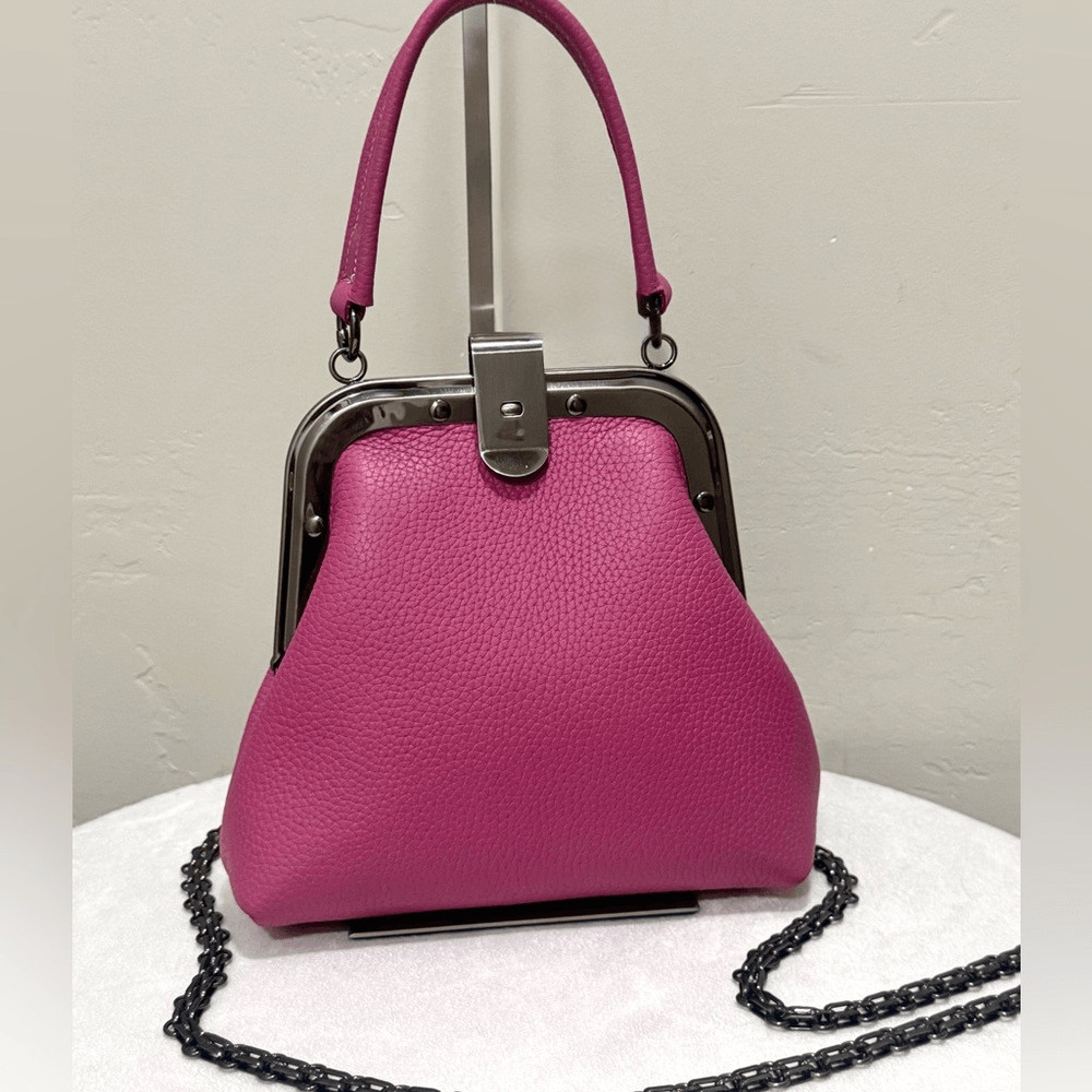 Pink Togo Calfskin Handmade Unique Rivet Frame Purse, Shoulder Bag, Crossbody