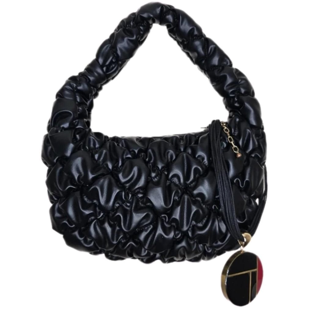 A New Day Black Ruched Faux Leather Shoulder Bag with Vintage Pendant Charm