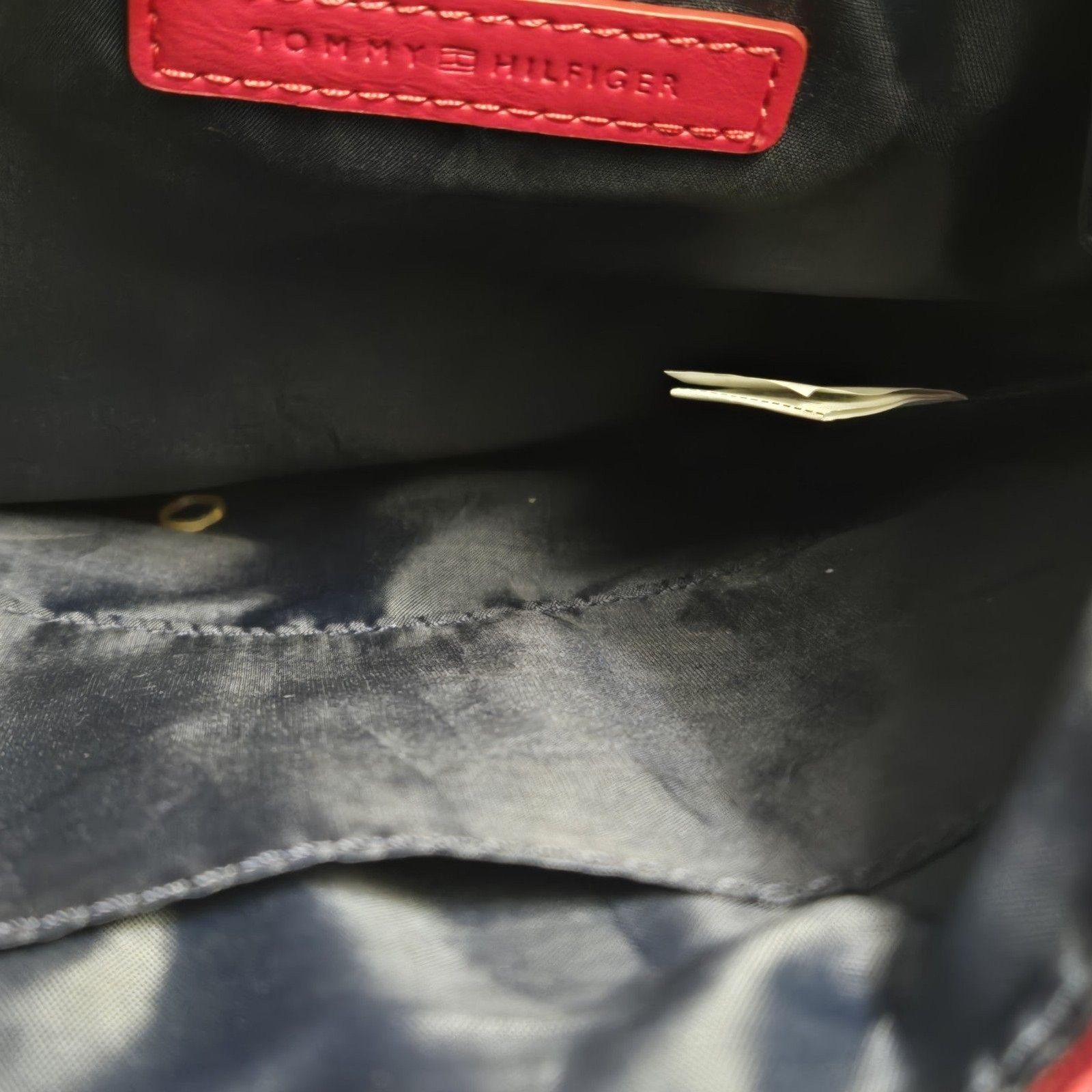 Tommy Hilfiger Crossbody Bag Monogram Black/Tan W/Red Accents Gold Logo Button