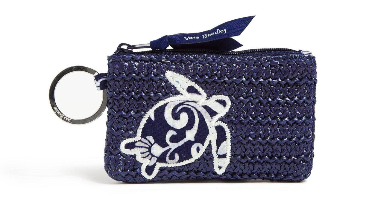Vera Bradley Steel Blue Medallion Turtle appliqué Zip ID Coin Purse Key Fob