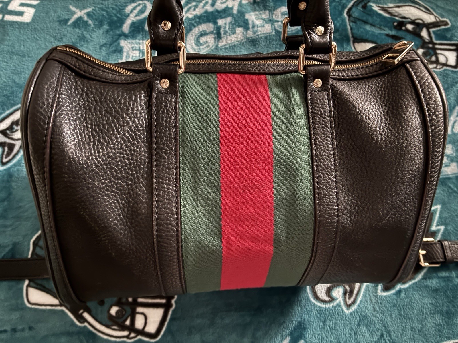 Gucci Black Web Stripe Satchel Top Handle, Detachable Strap, Zip, Gold