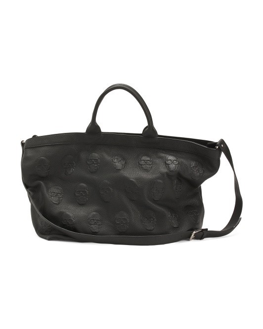 IO PELLE Black Italian Leather Embossed Skulls CROSSBODY Clutch Pouch 14×10 Goth
