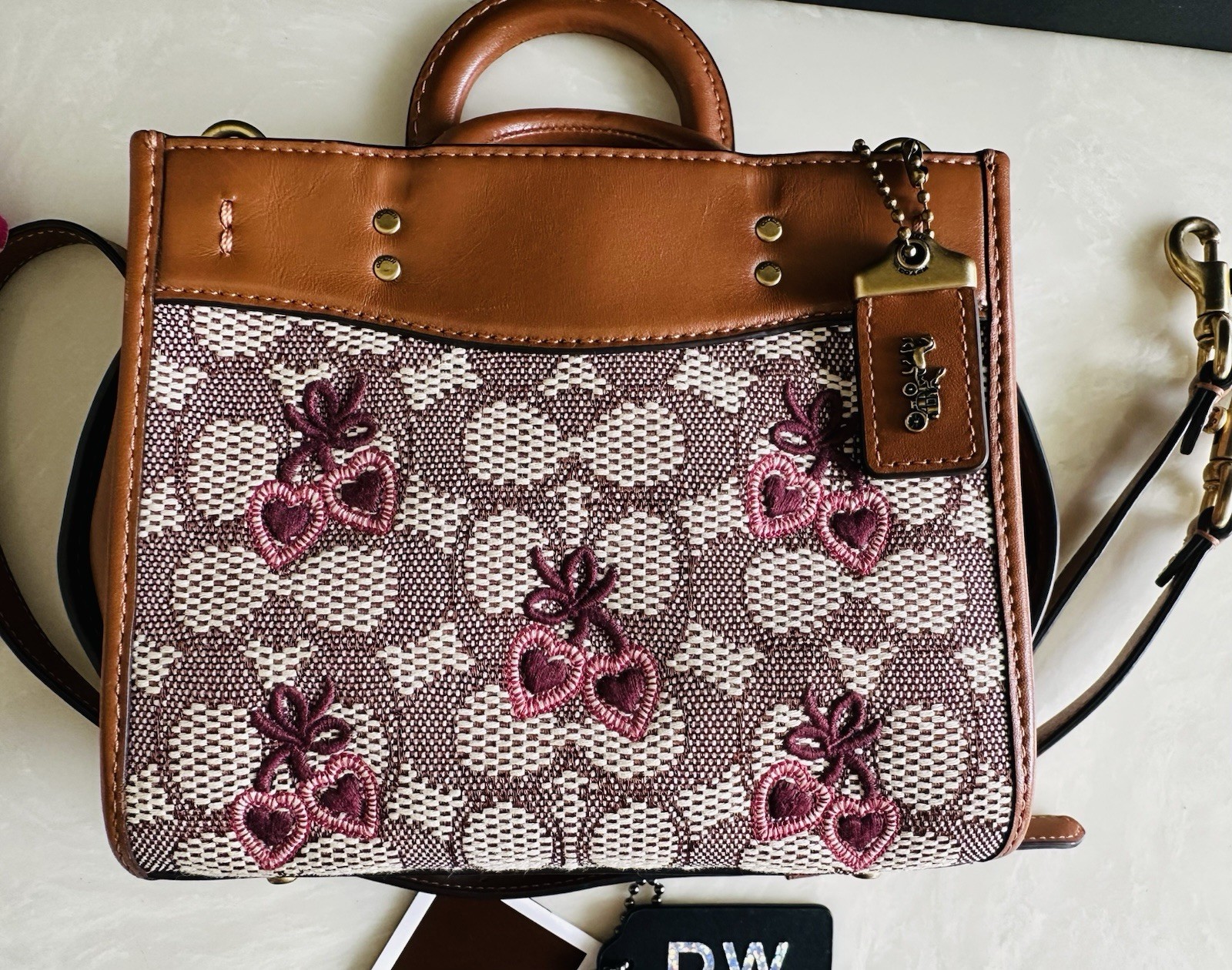 COACH SIGNATURE JACQUARD / LEATHER ROGUE 17 WITH EMBROIDERED HEARTS CB844
