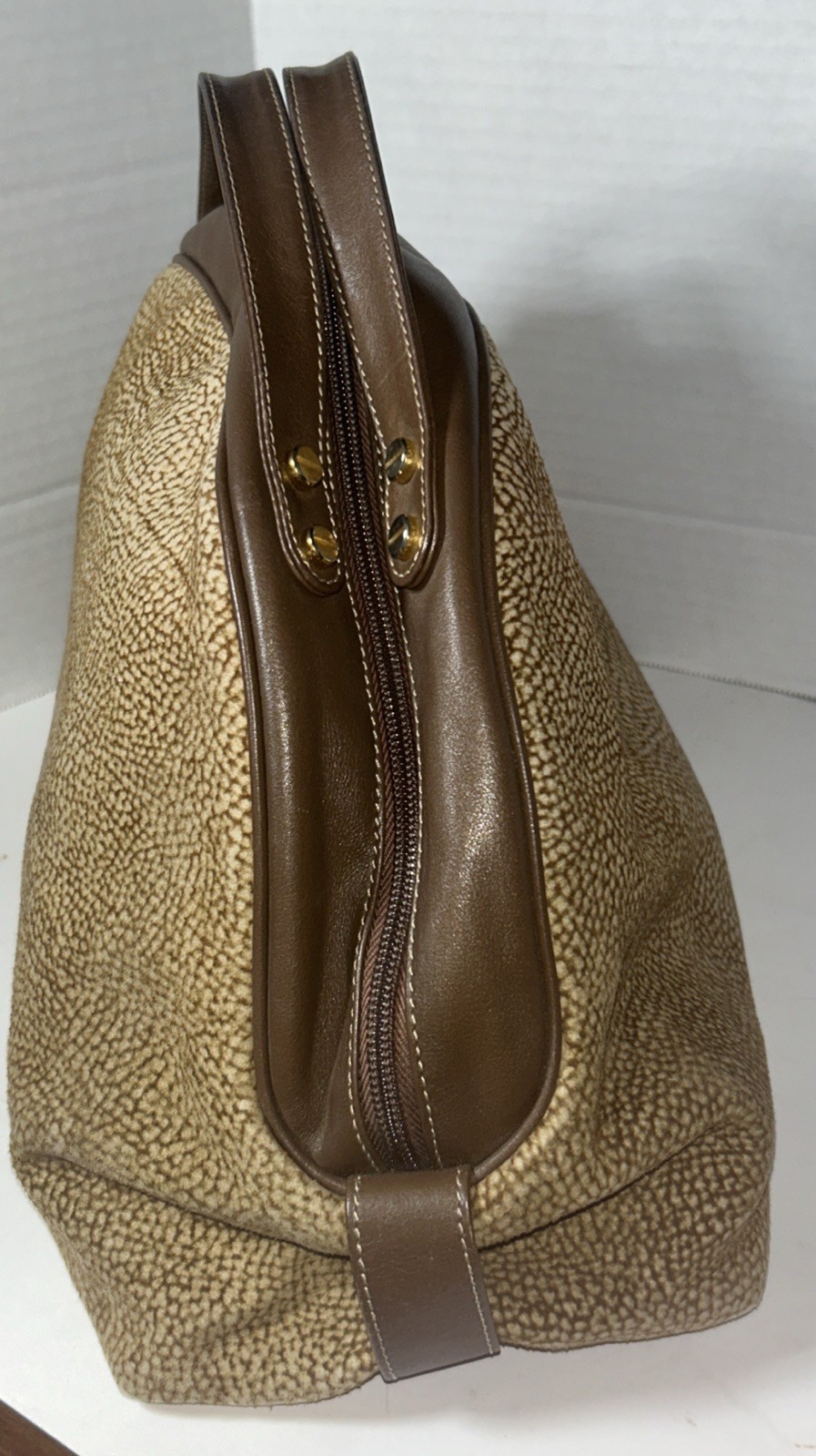 Borbonese Redwall Brown Tan Suede Leather Double Top Handle Bag Made In Italy