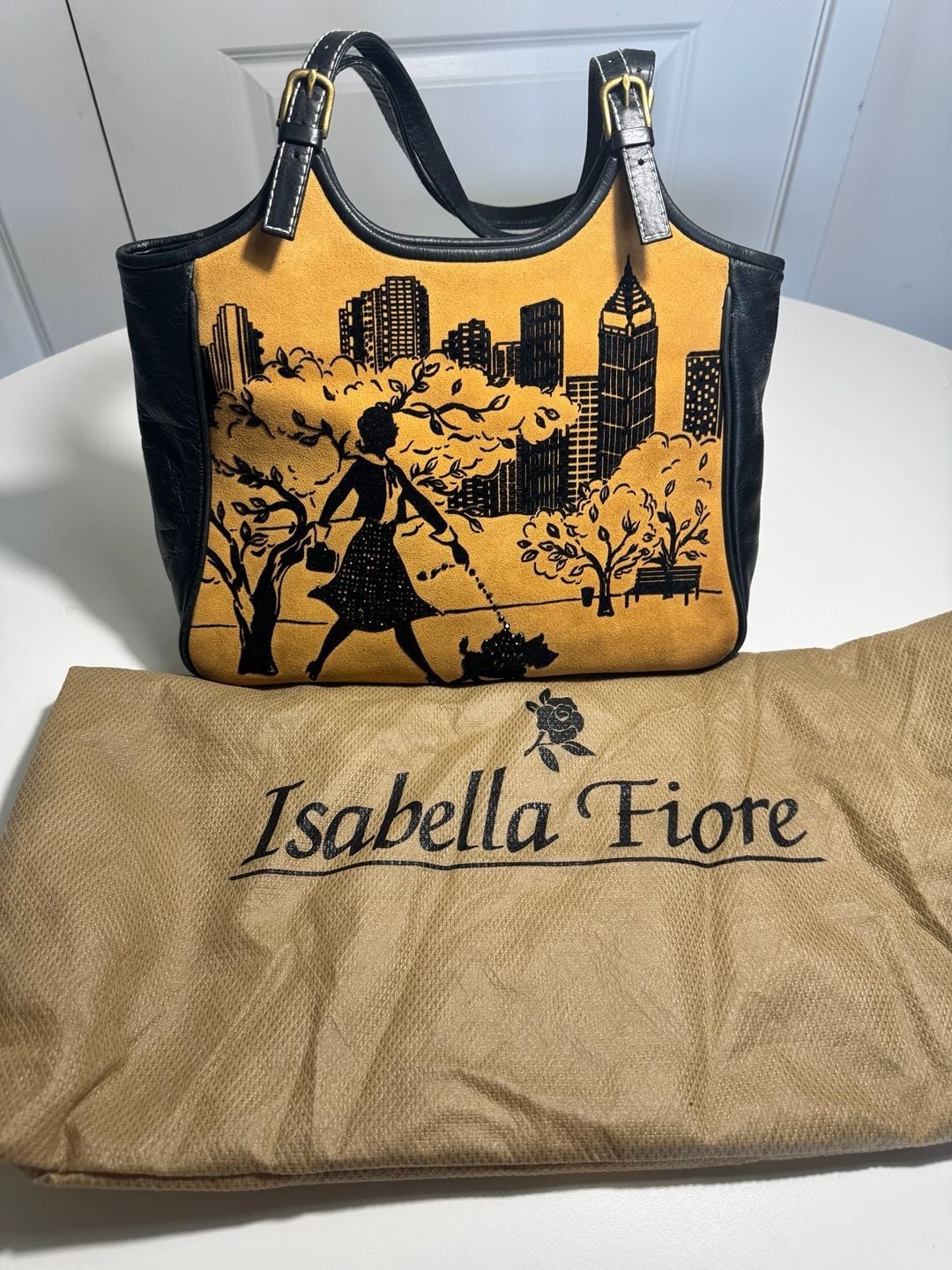 Isabella Fiore City Scene Suede Leather Shoulder Tote Bag Dog Walker Purse