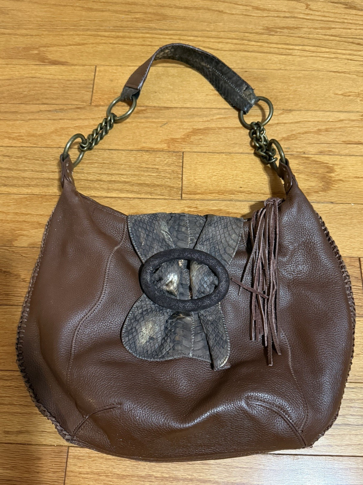 Ciao Medium Brown Crescent Shoulder Bag Zip Top Bow Tassel Lined Bronze