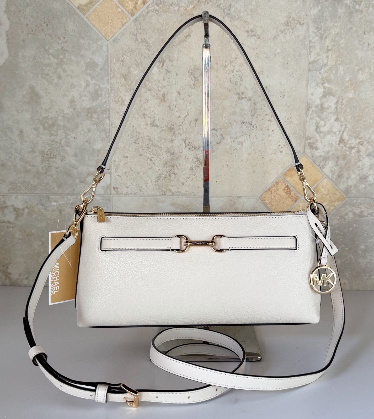 Michael Kors Carson SM Convertible Pouchette Shoulder Crossbody Bag Light Cream