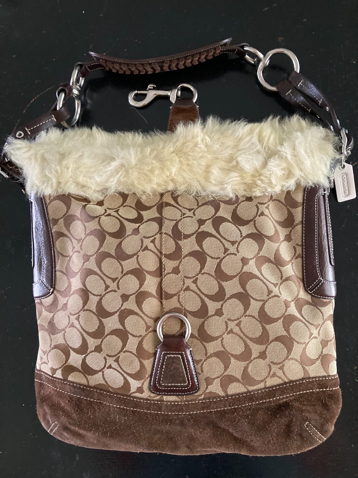 Coach Large Canvas Shoiulder Bag F052-8K48 Brown Leather,suede,fur Trim-Clean