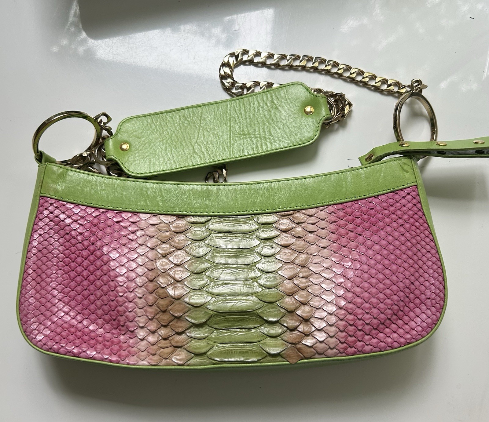 CLAUDIA CIUTI Made in Italy Snake skin Pnk & Green Leather bag with gold chain
