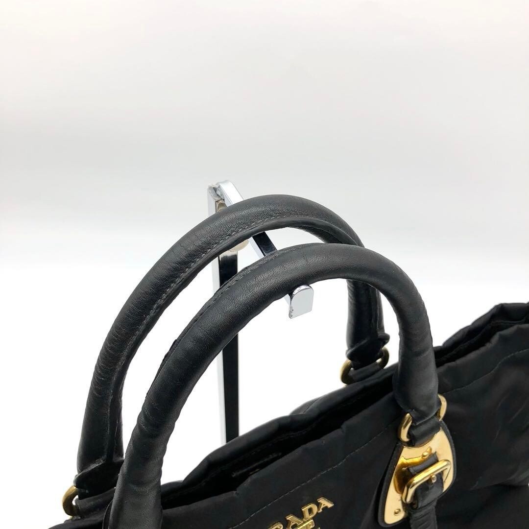 PRADA 2way Nylon Leather Handbag Metal Logo Gold Hardware A4 Black Authentic