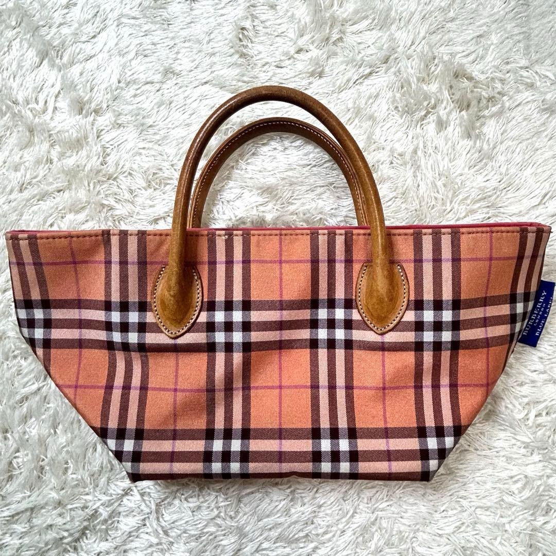 Burberry Blue Label Plaid Mini Tote Bag Orange Pink Used Japan