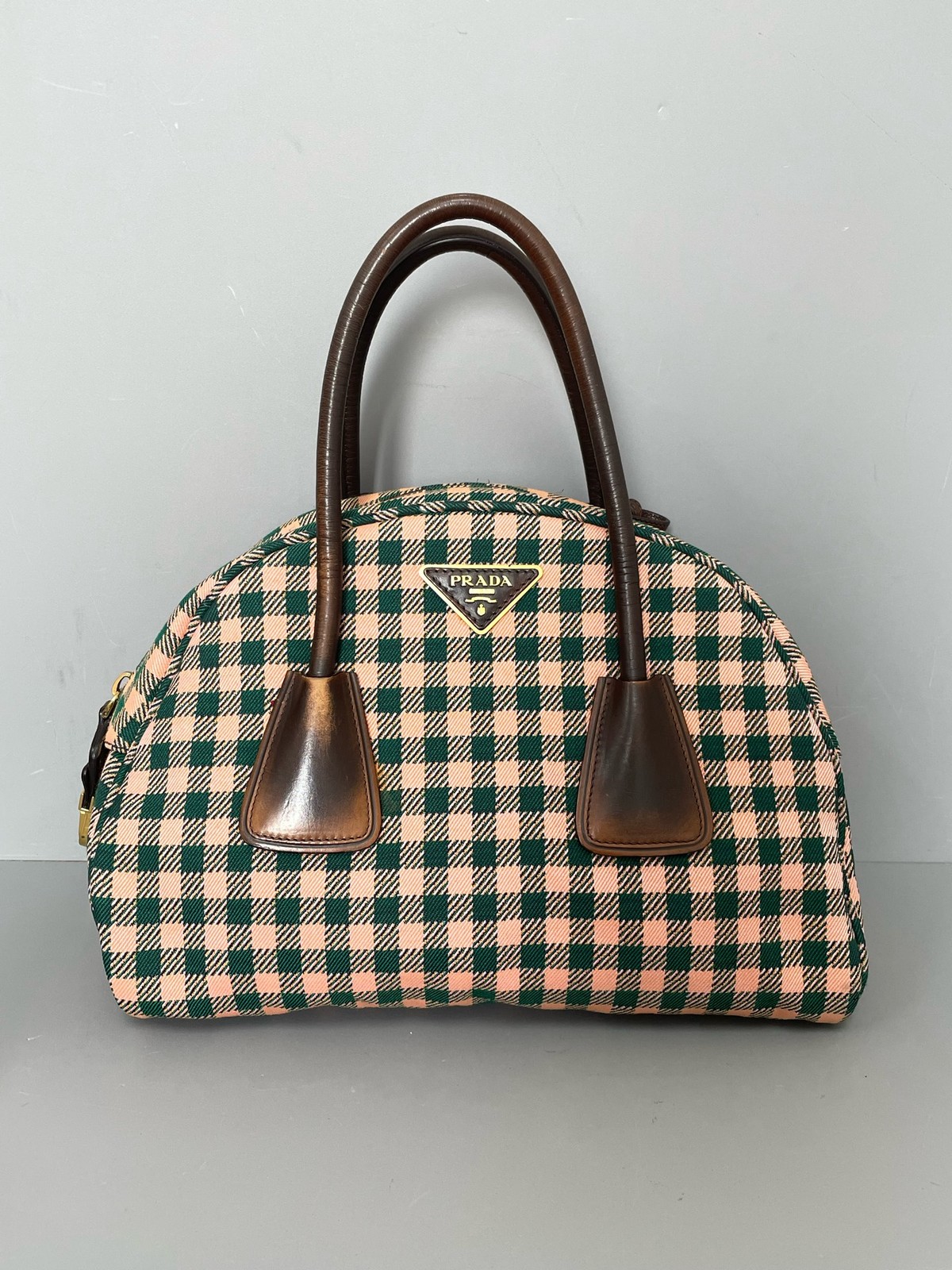 Prada Bowling Bag Normal Size Green Pink Plaid Woven Textile Daily Handbag Duty