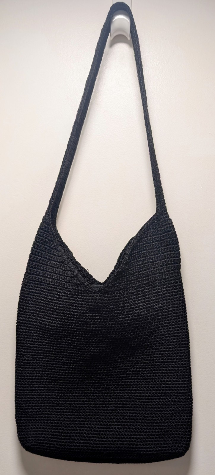 Vintage Sustainable Black Crochet Tight Weave Hobo Style, Zipper, Lined, Pockets