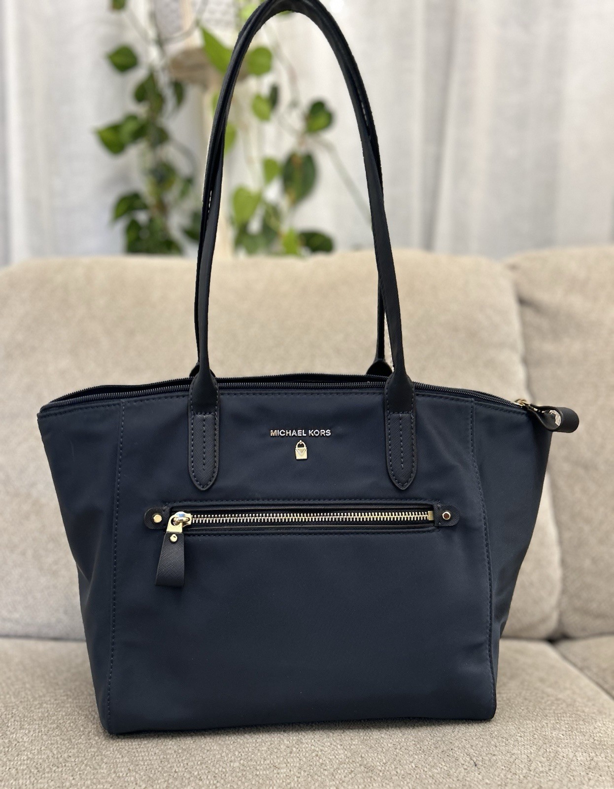 Michael Kors Kelsey Nylon Tote Dark Gray Black Handles Lrg Shoulder Bag Preowned