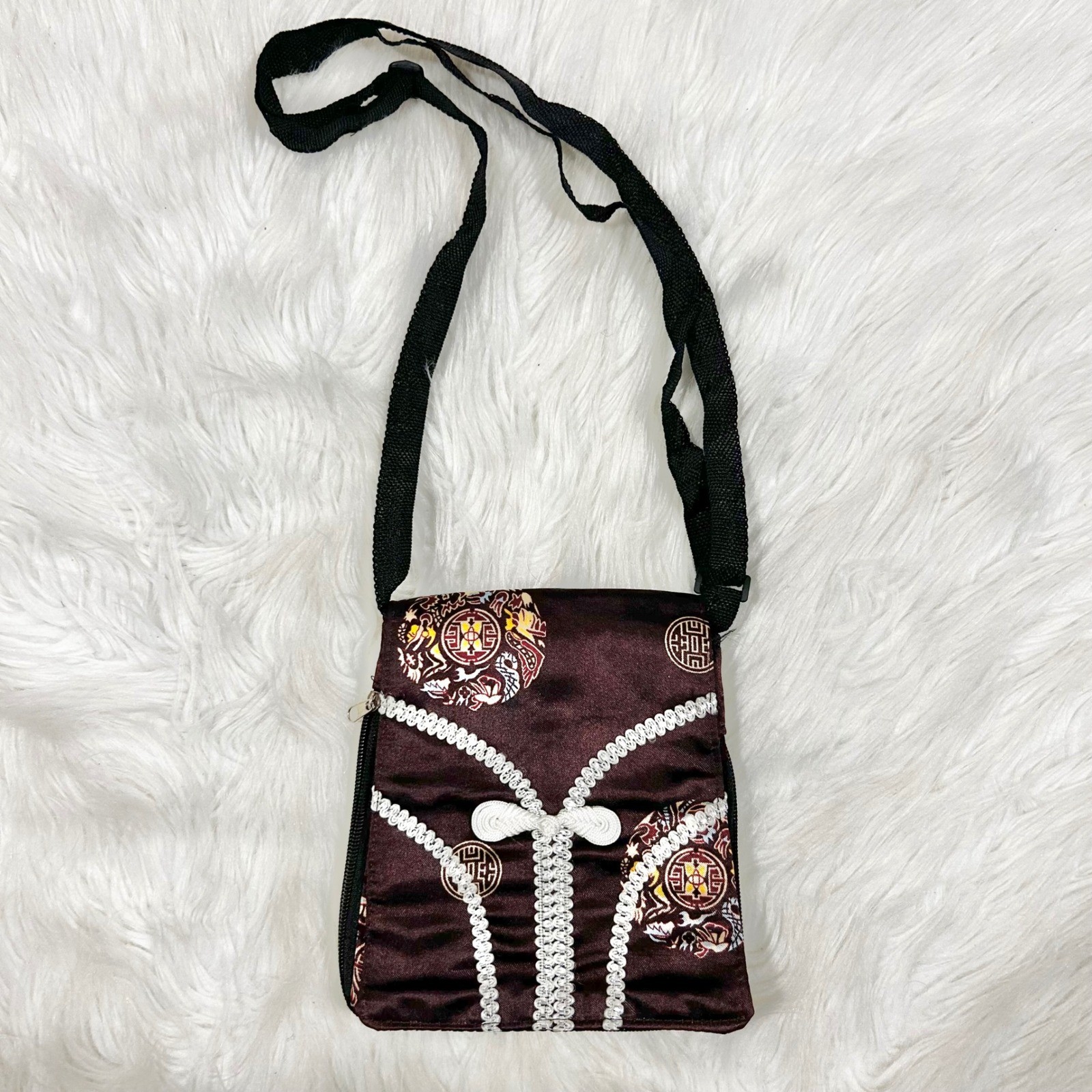Y2K Satin Asian Inspired Coin Pattern Crossbody Bag with Tassel Detail