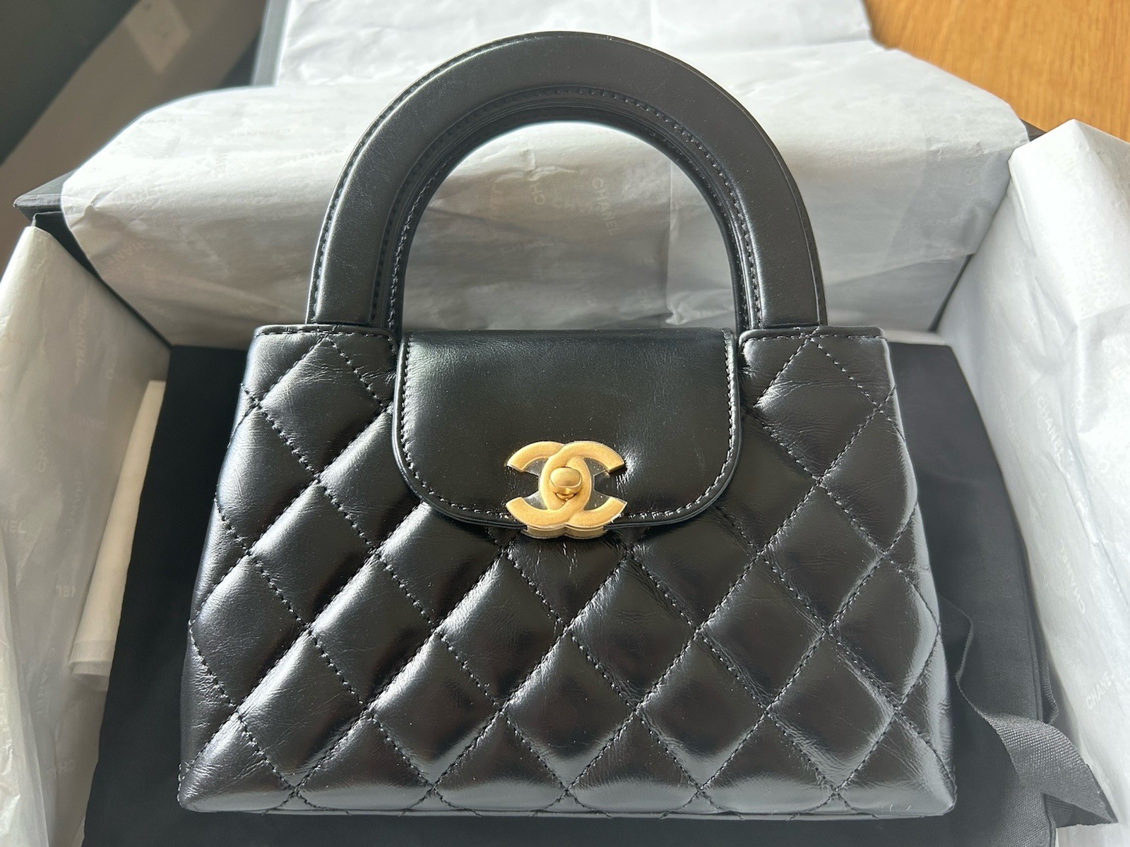 NEW Chanel Mini Kelly Top Handle Aged Calfskin Bag Black Brushed Gold Hardware