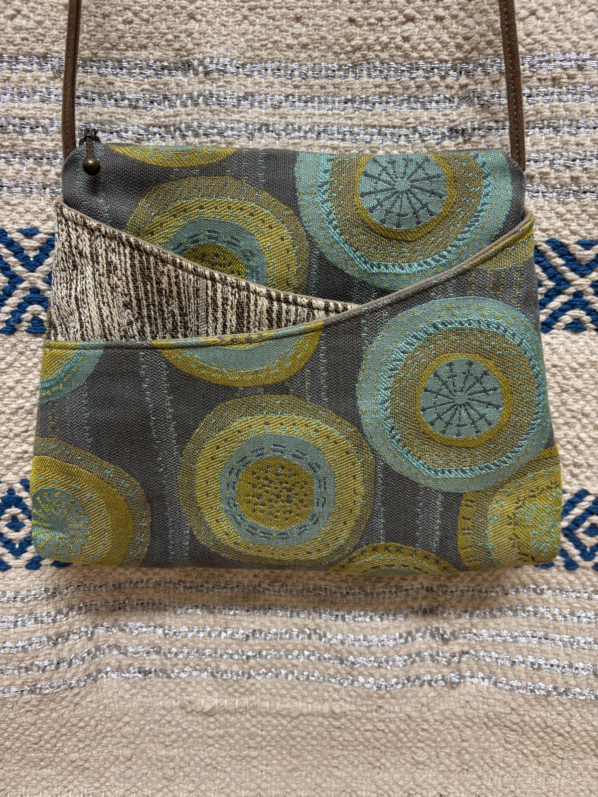 Maruca Design Crossbody Bag – Geometric Tapestry Olive Green and Blue Circles