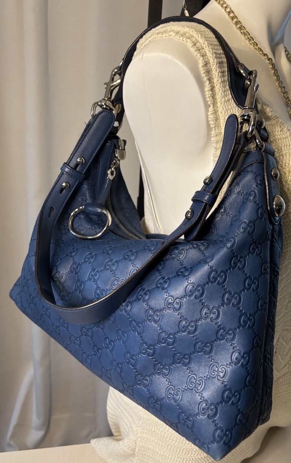 Gucci Blue GG Pattern Large Crescent Shoulder Bag Zip, Detachable Strap