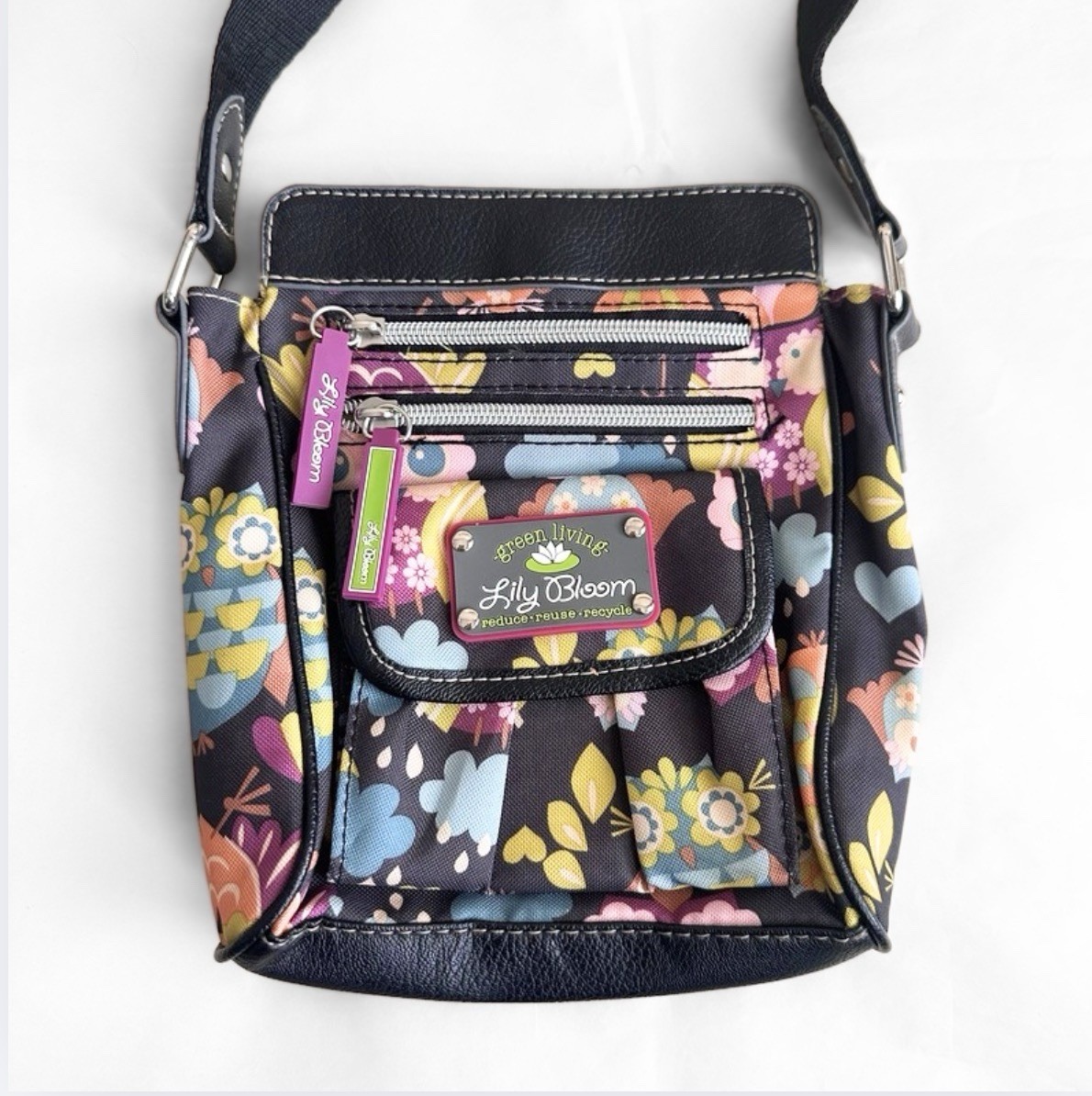 Lily Bloom Green Living Floral Crossbody Bag Owl Purse Multi Pockets Whimsical