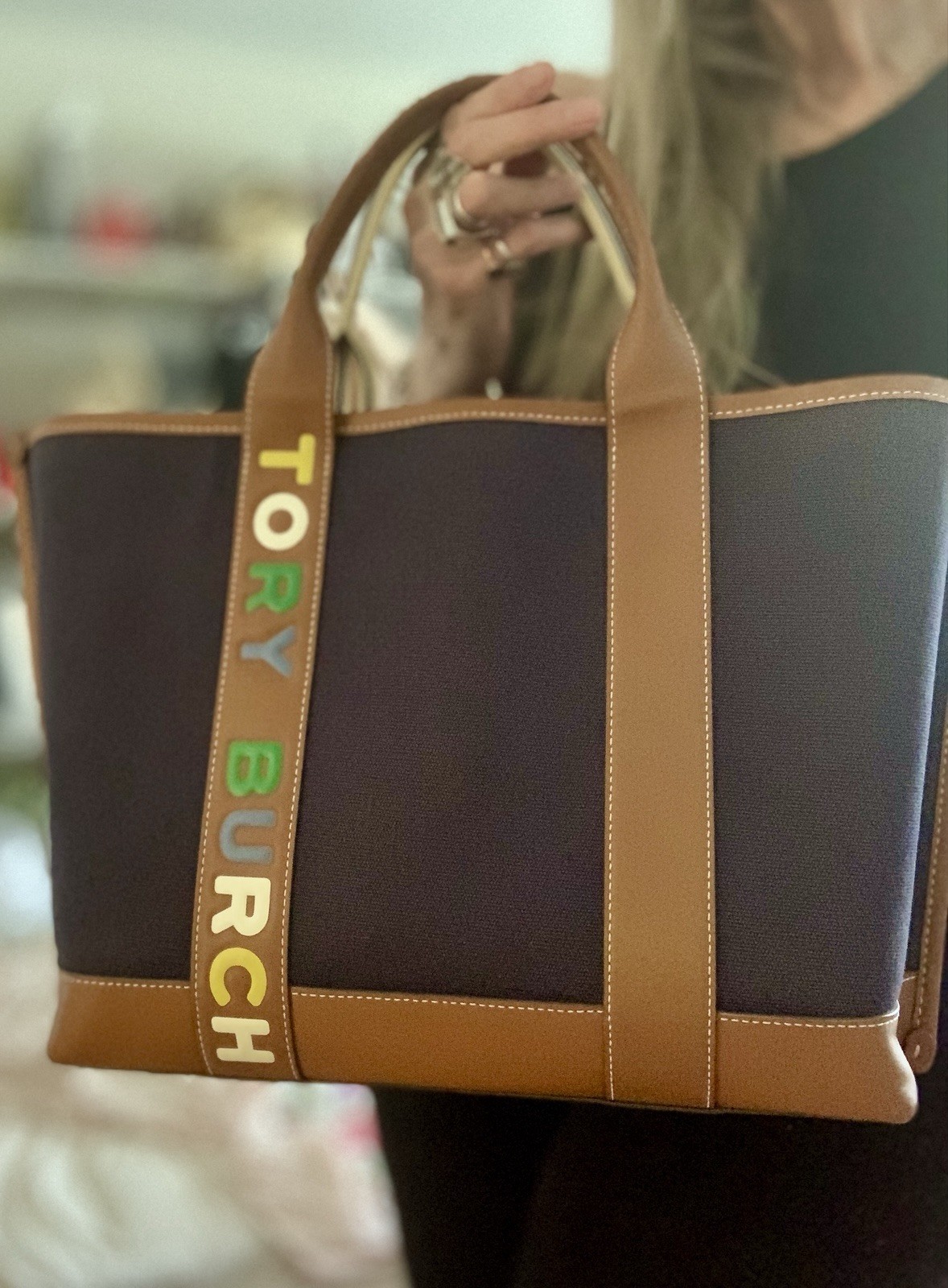 TORY BURCH PERRY MULTI STRIPE LOGO CANVAS & LEATHER TOTE BAG