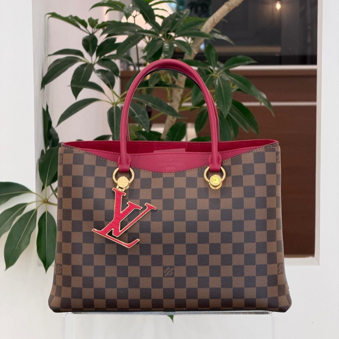 LOUIS VUITTON LV Damier Ebene Top Handle Bag Riverside Brown Canvas Red Leather