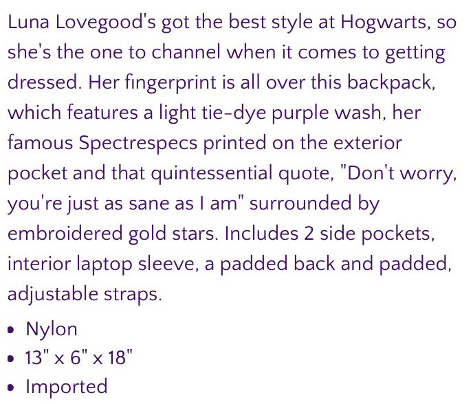Harry Potter Luna Lovegood Backpack You’re Just as Sane as I Am NEW HER UNIVERSE