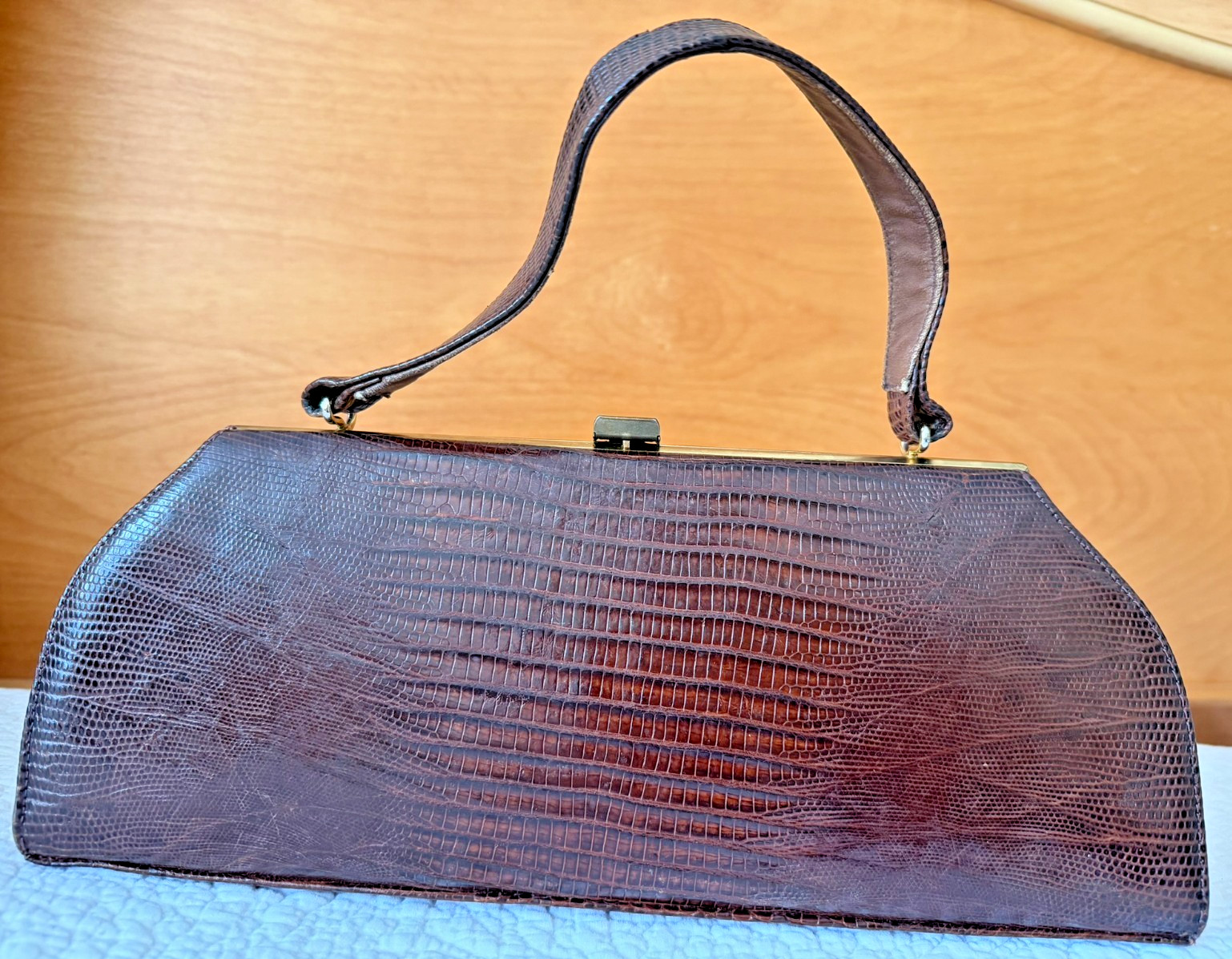 Vintage Genuine Lizard Skin Handbag Top Handle 12.5” Tan Interior 1950s/60s