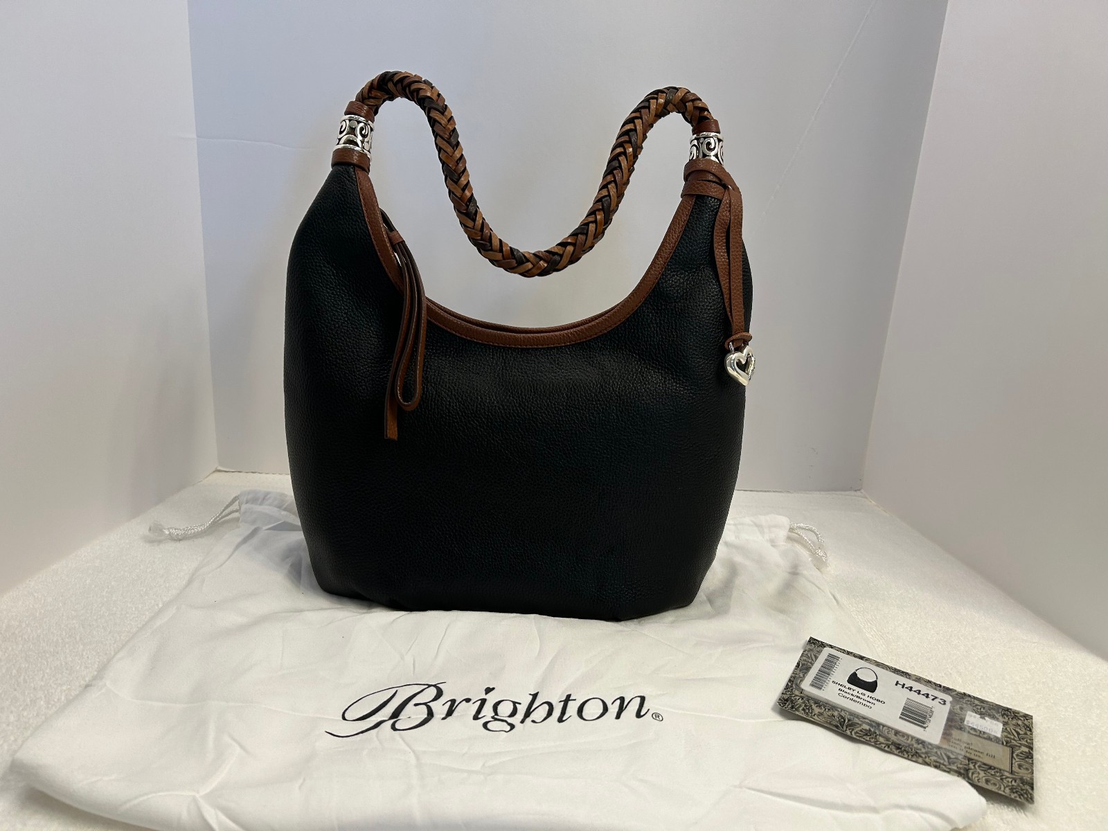 Brighton Shelby Large Hobo Bag in Black Pebbled Leather with Brown Trim
