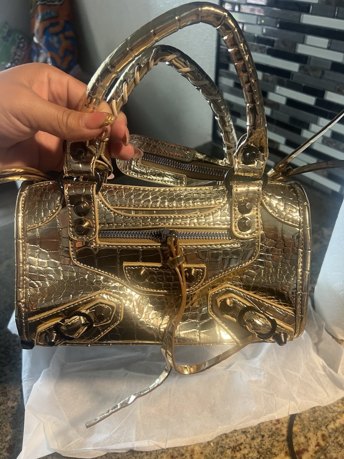Metallic Gold Croc Embossed Small Satchel Top Handle Zip w/ Detachable Strap