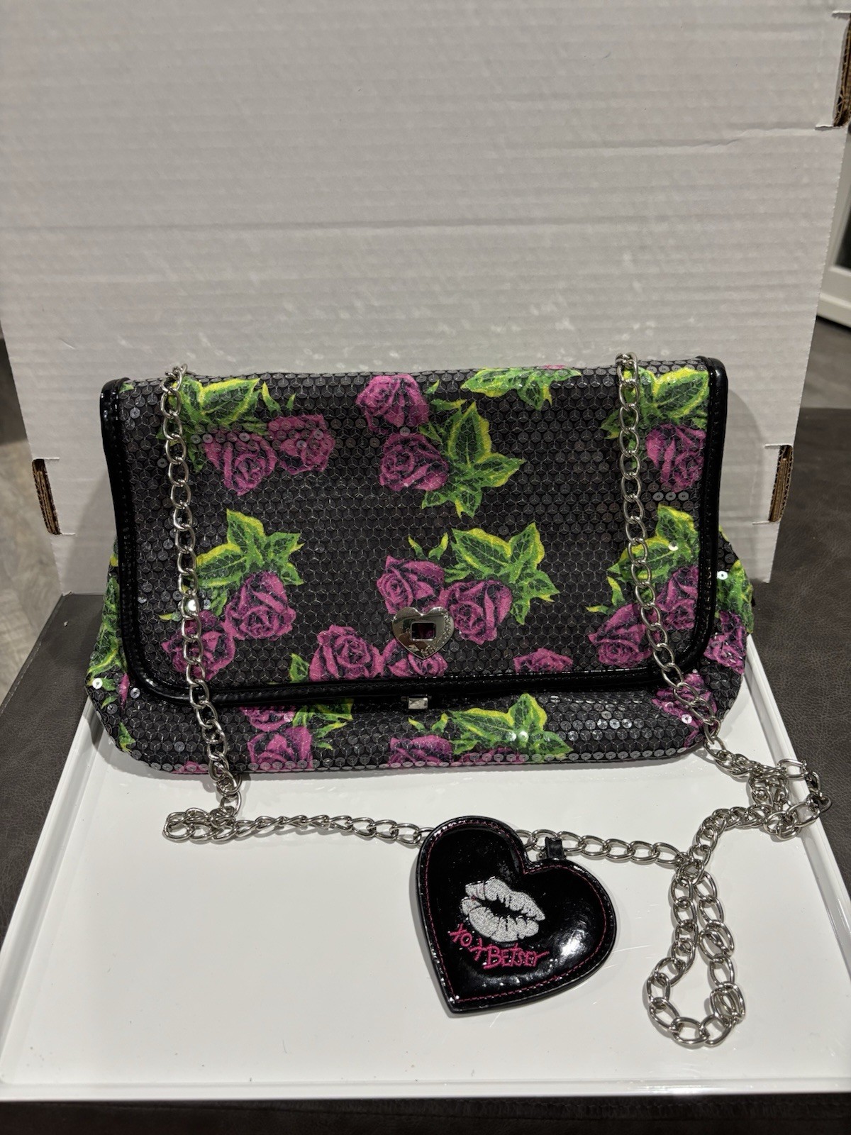 Betsy Johnson Purple Rose Sequin Embellished Handbag with Heart bag charm