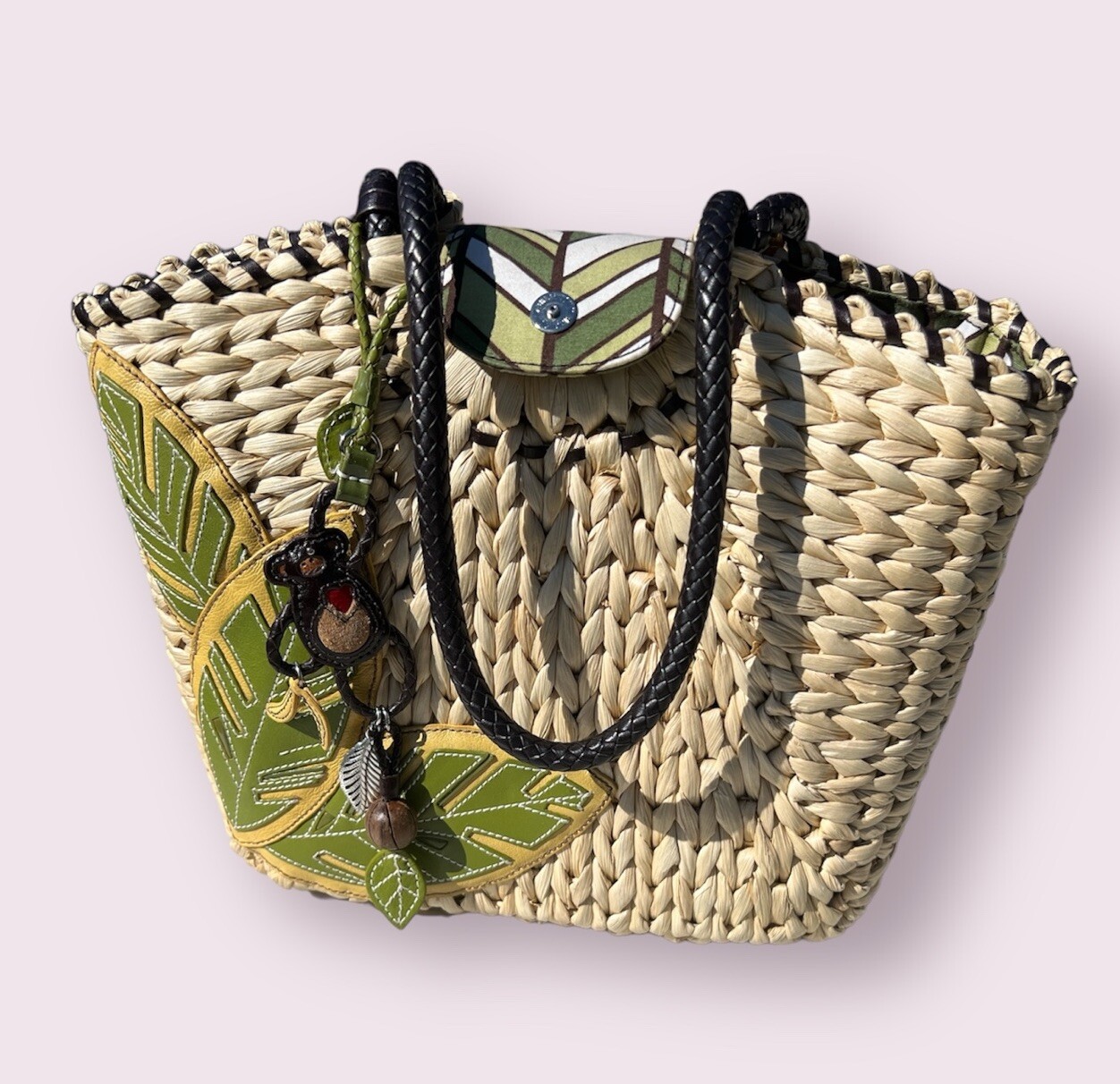 BRIGHTON MACY MONKEY HEART CHARMED TROPICAL LEATHER APPLIQUE SHOULDER HANDBAG