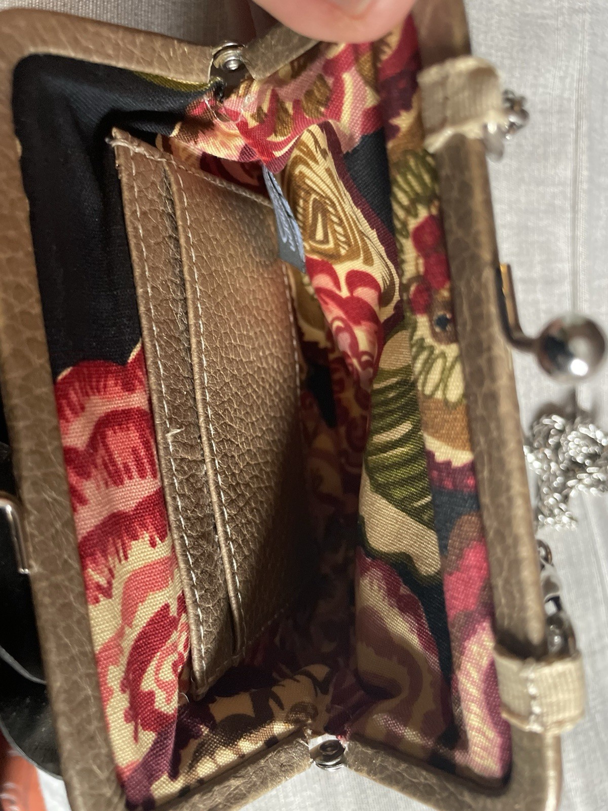 Brighton “Roselie”Metallic Pewter Leather Flower-small Purse-5”x6”-23”Strap