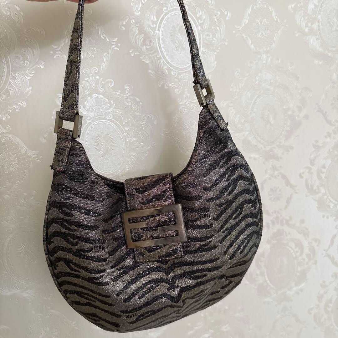 Fendi Metallic Gray Zebra FF Logo Plate Shoulder Bag Formal Auth