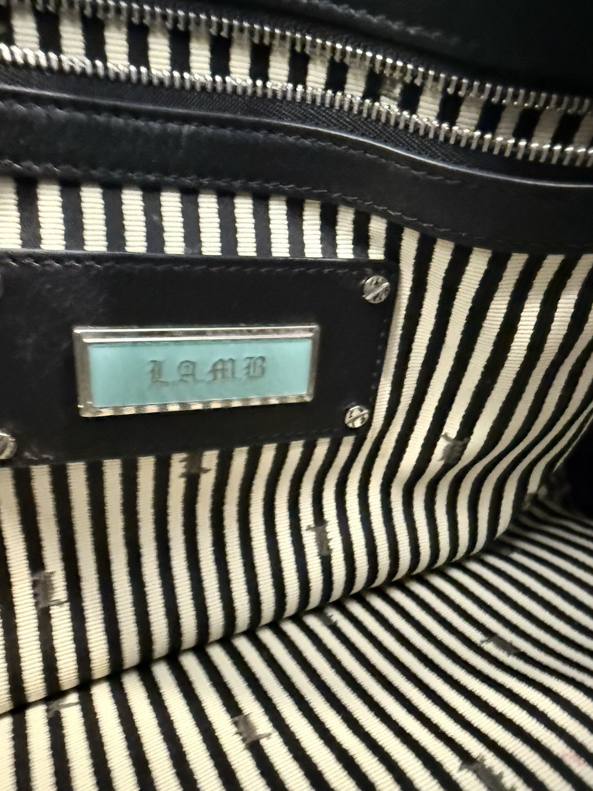 L.A.M.B. Black & White Leather Striped Zip Closure Top Handle Satchel Bag W/wall