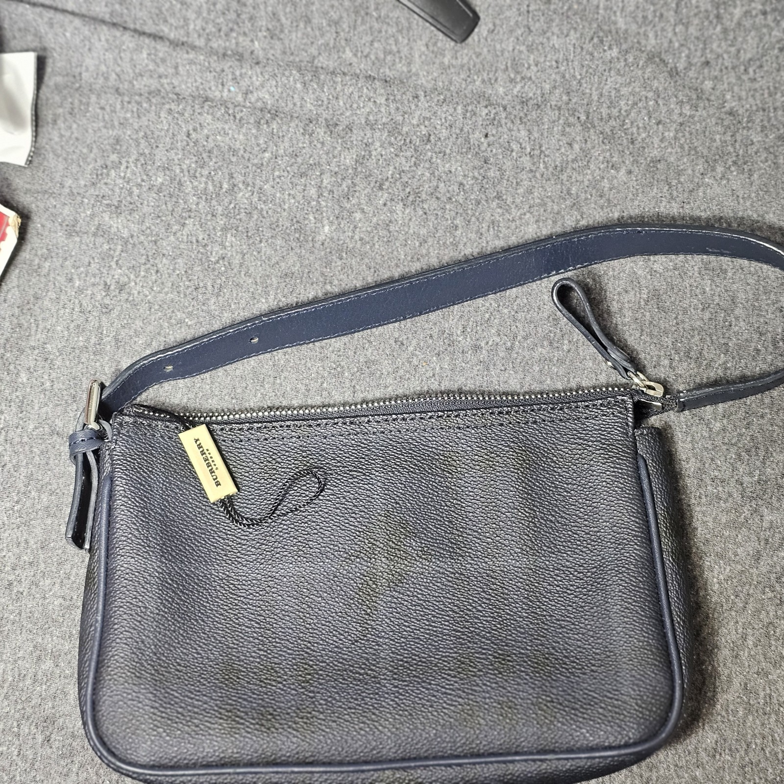 Burberry Dark Navy Black Pebbled Leather Small Shoulder Bag Zip Top Authentic