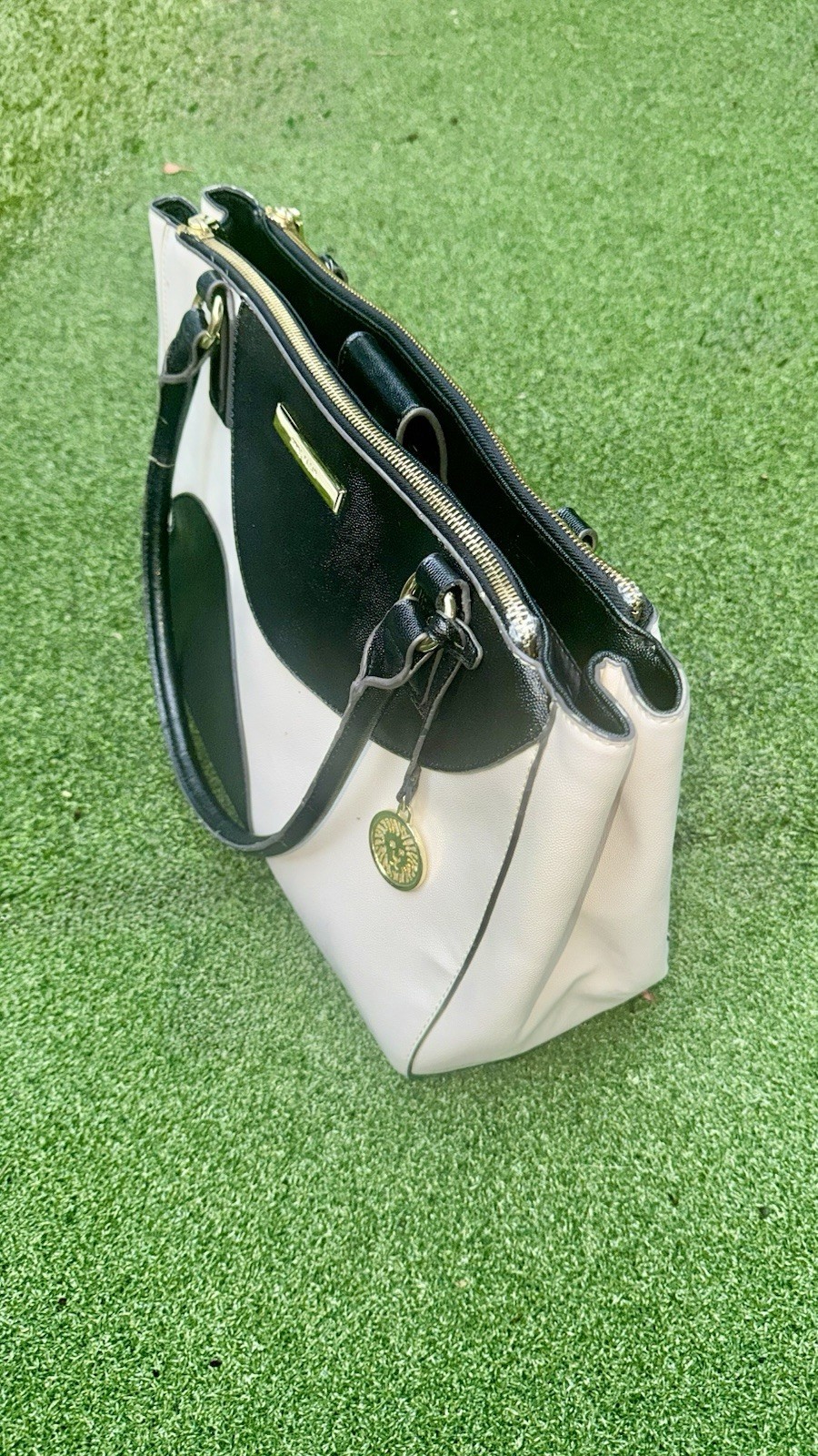 Anne Klein Black/White Colorblock Satchel Top Handle Zip Gold Hardware Charm