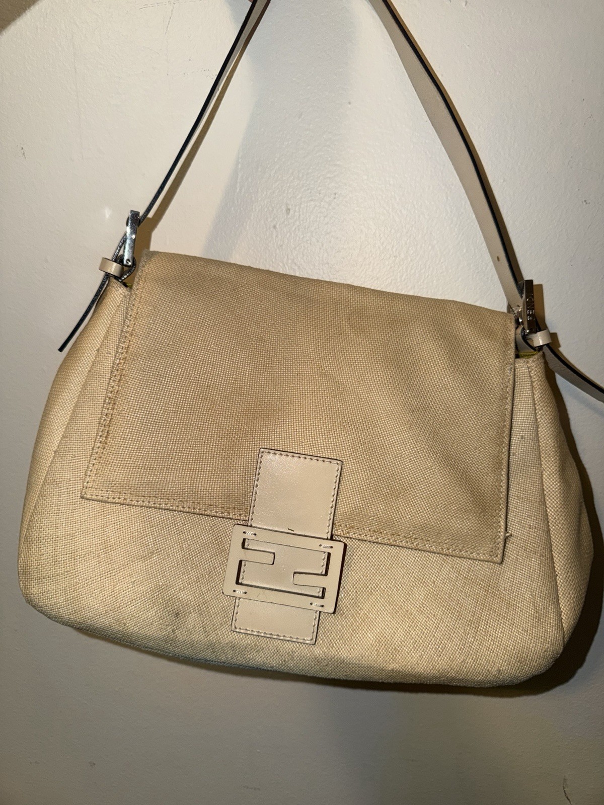 Fendi Beige Shoulder Bag Beige Leather Strap Silver Hardware Yellow Lining