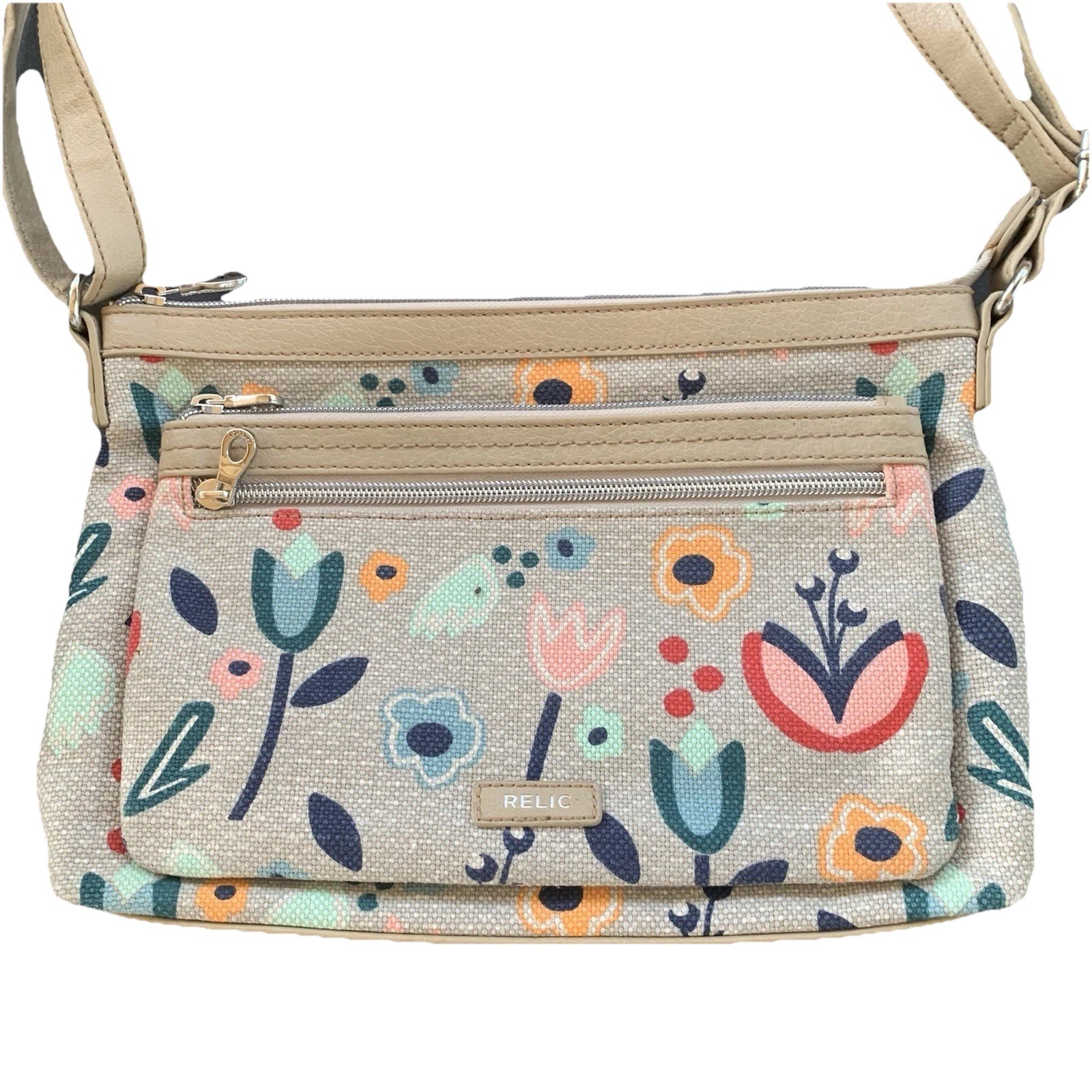 Relic By Fossil Evie Crossbody Shoulder Handbag Tan Colorful Floral Card Holders