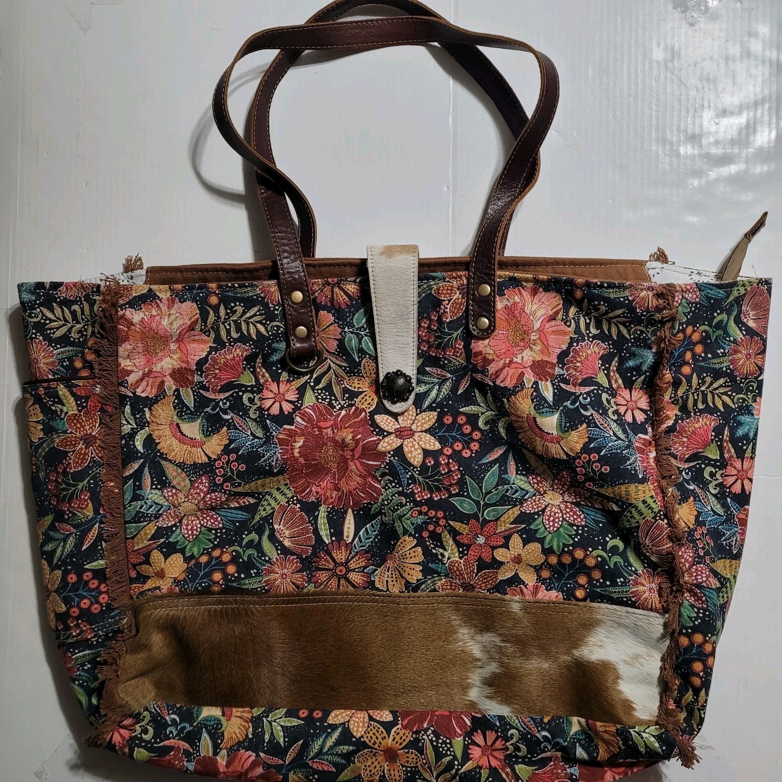 MYRA Bag Floral Western Boho Cowhide Tote Cowgirl Leather Purse Ranch Zip Canvas