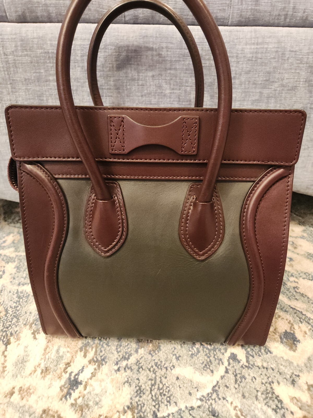Celine Luggage Mini Shopper Handbag Forest Green Brown Drummed Calfskin Suede
