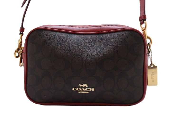 COACH Signature 2way Bag Dark Brown / Red PVC / Leather Shoulder Bag #DB1842