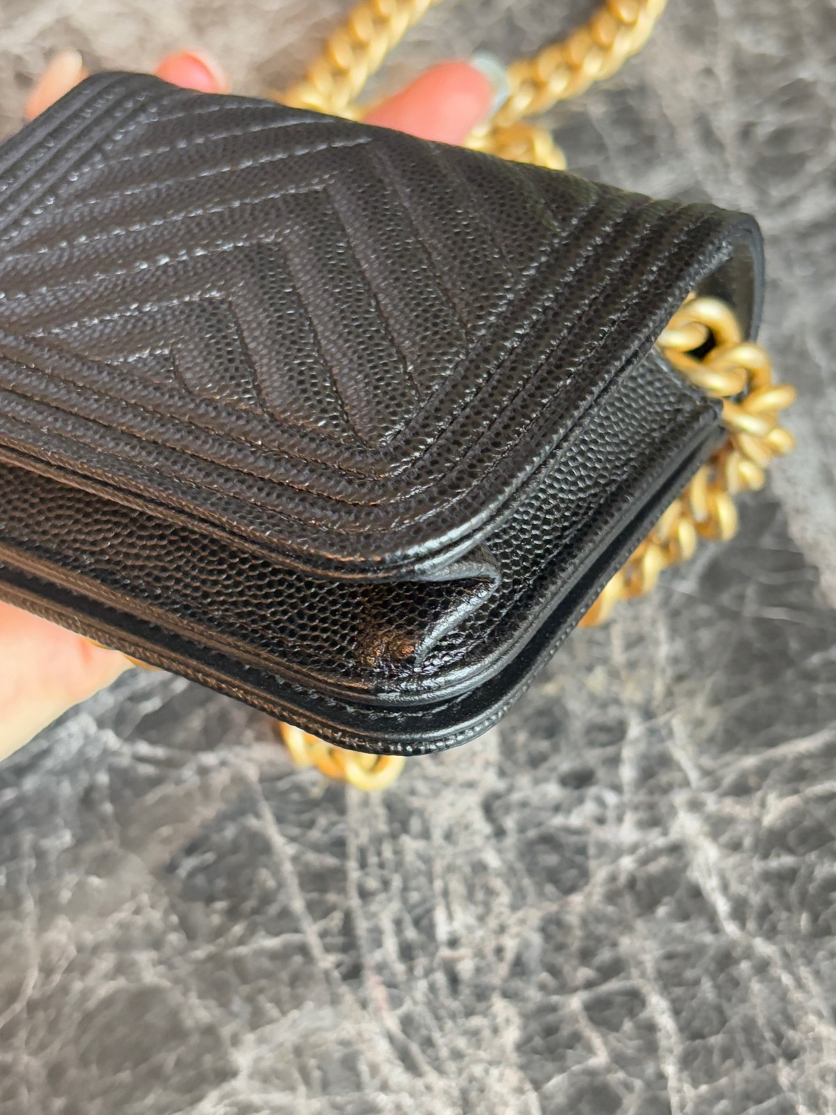 Chanel Le Boy Black Chevron Caviar Leather Mini Card Holder with Chain
