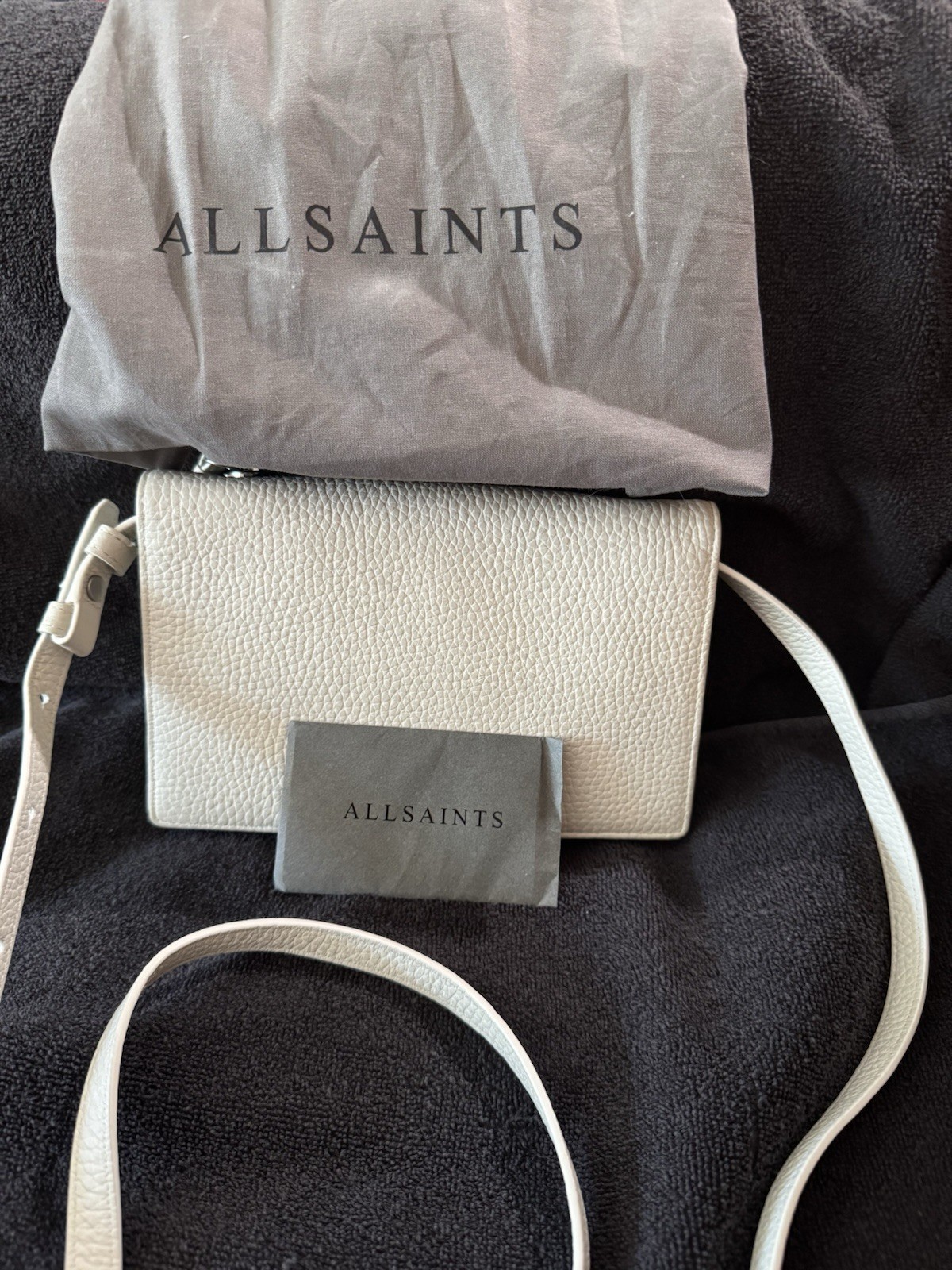 AllSaints Lt. Gray Pebbled Leather Crossbody Wallet W/ Bag 7.75x5x1.5 Used 1x
