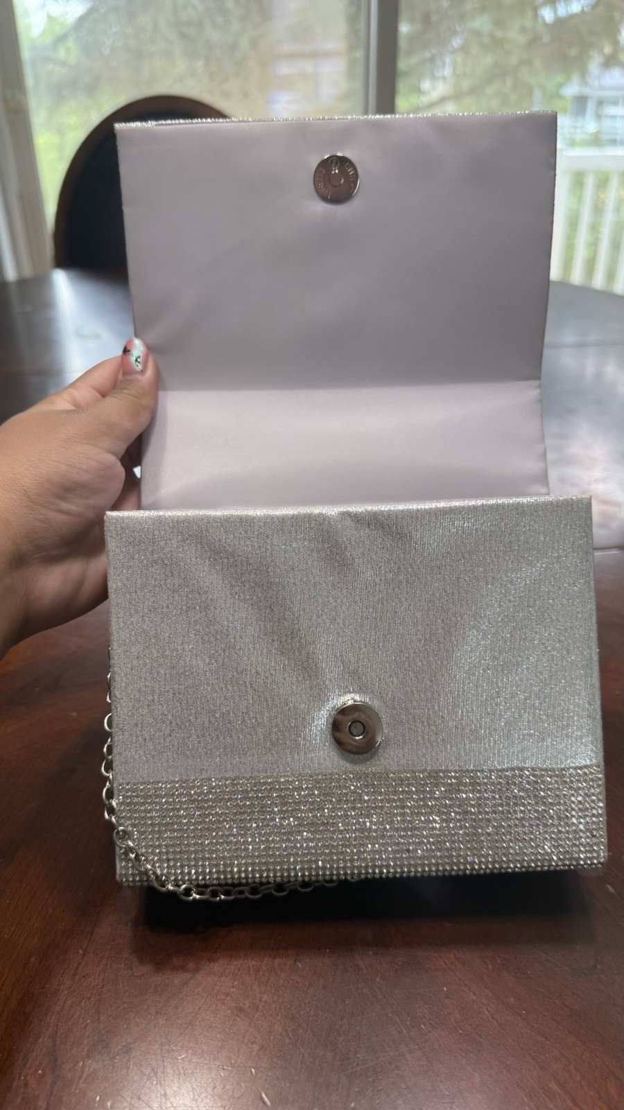 Silver Glitter Evening Clutch Bag Detachable Chain Strap Magnetic Inner Pockets