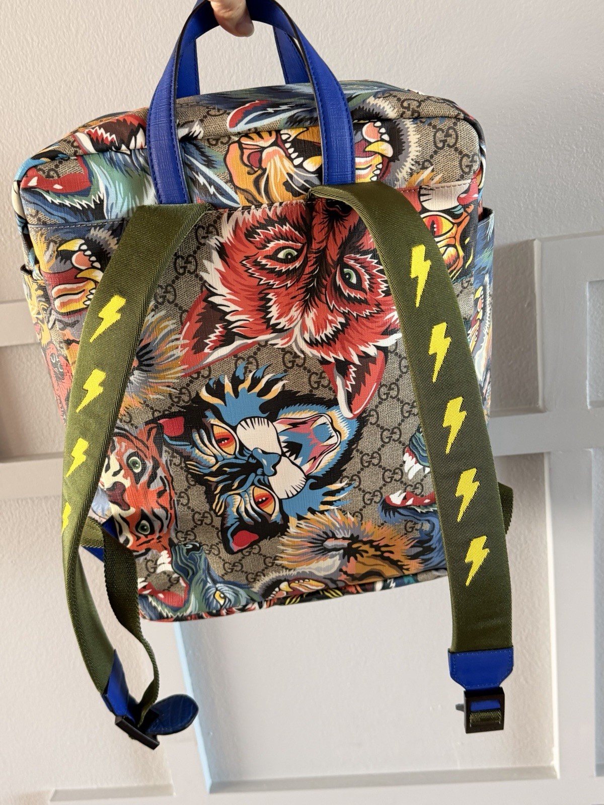 Gucci GG Monogram Tian Tiger Print Backpack Zip Top Handle Silver Hardware